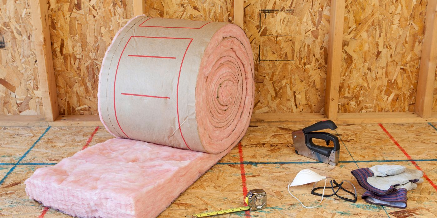 fiberglass insulation next to a tape measure, staple gun, mask, gloves, and a tape measure